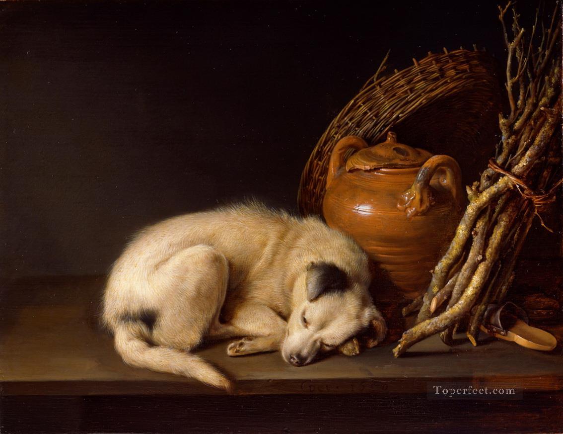 sleeping dog and a jar Oil Paintings